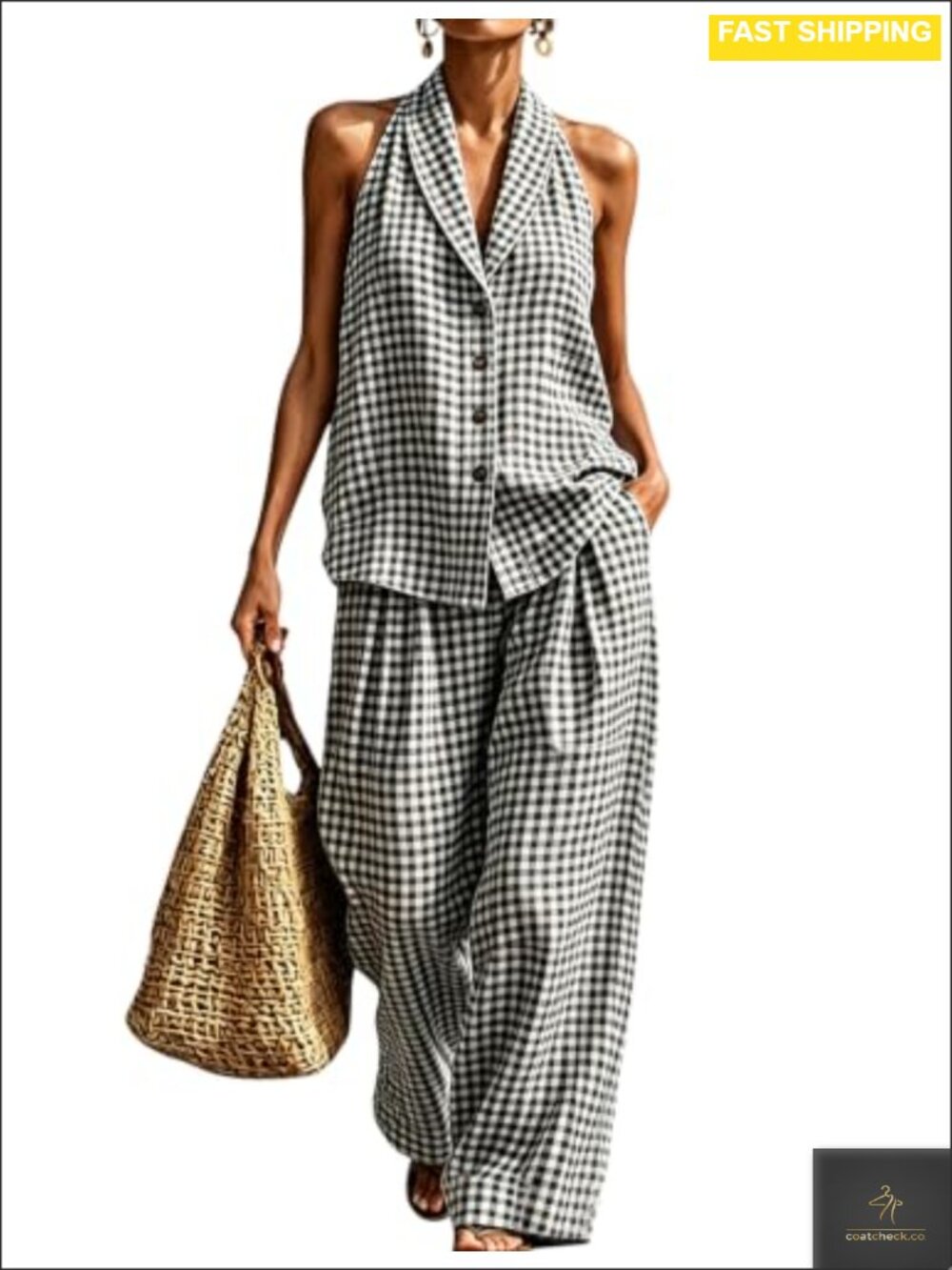2 Piece Gingham Halter Tank Top & Barrel Leg Pant Set Cotton Loungewear